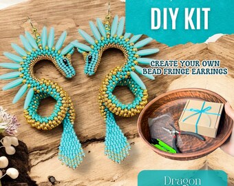 DIY Beaded Dragon Earrings Kit – Mythical Creature Jewelry Tutorial, Seed Bead Fringe Fantasy Earrings Making Kit with Materials
