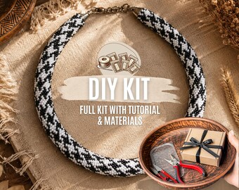 DIY Black White Houndstooth Bead Crochet Necklace Kit, Beaded Rope Jewelry Making Set, Seed Bead Craft kit