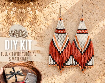 DIY Brown Beige Tribal Beaded Earrings Kit, Native Inspired Fringe Jewelry Making Set, Seed Bead Tutorial Craft