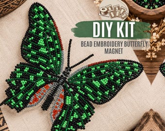 DIY Green Butterfly Bead Embroidery Kit, Insect Needlework Craft, Nature Inspired Beading Project, Beginner Hobby Gift