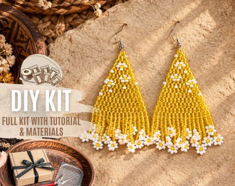 DIY Yellow Daisy Bead Fringe Earrings Kit, Summer Flower Jewelry Making Set, Beaded Statement Earrings Craft