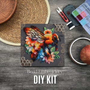 DIY Bead Embroidery Kit on Artistic Canvas, Beadwork Craft Kit for Stunning Floral and Bee Artwork, Handmade Home Decor or Gift Idea