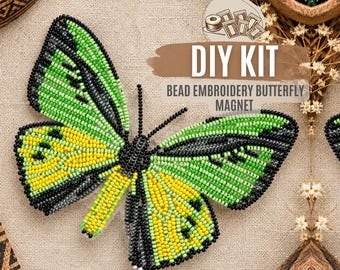DIY Green Butterfly Bead Embroidery Kit for Beginners, Modern Butterfly Magnet Craft Kit, Embroidery Gift