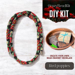 DIY Red Poppies Bead Crochet Necklace Kit – Handmade Jewelry Making Set - Beaded Rope Craft Kit - Seed Bead Necklace Beginner Tutorial