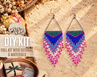 DIY Blue Pink Hoop Bead Fringe Earrings Kit, Beaded Jewelry Making Set, Seed Bead Earrings Craft, Boho Jewelry