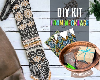 DIY weefgetouw rocailleskettingset, bohobruin beige zwart, knutselset