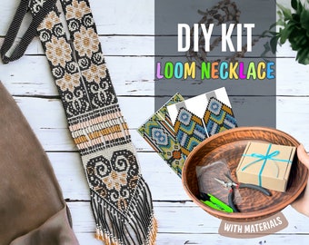 DIY KIT Kraal lange weefgetouw boho bruin zwarte ketting, zaad kraal sieraden, Craft kit volwassenen, Beading kit, Ketting patroon, cadeau voor kraal liefhebber