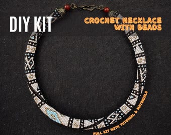 DIY Bead Crochet Necklace Kit, Boho beige Handmade Jewelry Craft Set, Brown Ethnic Beaded Rope, Full Tutorial & Materials Included