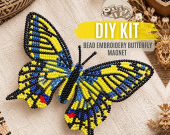 DIY Beige Orange Butterfly Bead Embroidery Magnet Kit, Hebomoia Glaucippe Insect Needlework Craft, Beginner Beading Kit