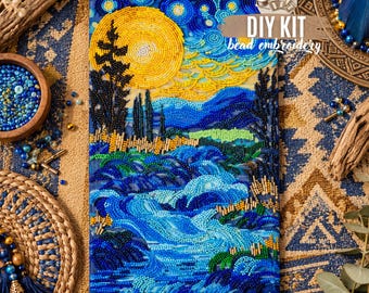 DIY Bead Embroidery Kit, Abstract Landscape with Yellow Sun, Blue Water & Cypress Trees, Impressionist Inspired Craft, 19,5х35 cm