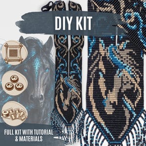 May include: A DIY kit for a beaded necklace featuring a horse motif. The kit includes a loom, beads, and thread, with a finished necklace displaying a black, blue, and tan horse pattern with fringe. The text DIY KIT and FULL KIT WITH TUTORIAL & MATERIALS are visible.