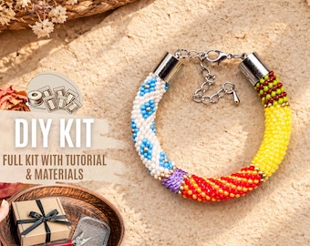DIY Colorful Summer Bead Crochet Bracelet Kit, Tribal Hippie Boho Jewelry Making Set, Beaded Rope Guide, Crafter Gift