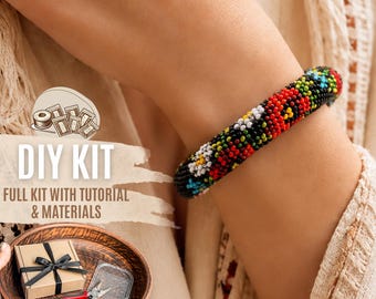 DIY Black Red Poppy Beaded Crochet Bracelet Kit, Tribal Folk Flower Jewelry Making Set, Boho Bracelet craft kit with Pattern