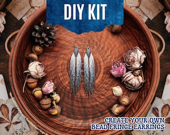 DIY Kit Beaded Fringe Earrings, Create Long Boho Earrings, Beadwork Craft Kit for Beginners, Handmade Jewelry Making Supplies with Tutorial