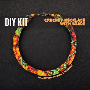 DIY Crochet Necklace Kit – Bright Multicolor Beaded Rope with Floral Pattern – Autumn fall Full Jewelry Making Set with Tutorial & Materials