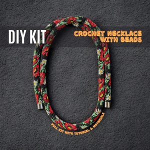 DIY Floral Beaded Crochet Necklace Kit, Handmade Bead Rope Jewelry, Crafting Set with Tutorial, red poppies long rope craft kit