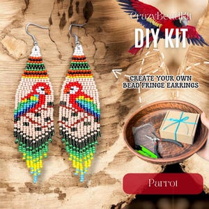 May include: A pair of beaded fringe earrings featuring a parrot design in red, blue, green, and yellow, with silver-tone hooks. The image includes a DIY kit box, pliers, and text reading CrazyBeadKit DIY KIT CREATE YOUR OWN BEAD FRINGE EARRINGS Parrot.
