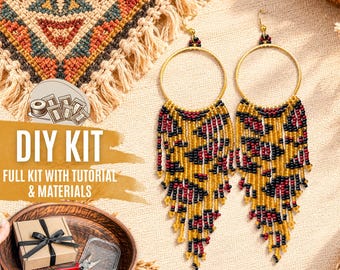 DIY Leopard Print Hoop Bead Fringe Earrings Kit, Animal Print Seed Bead Jewelry Making Set, Boho Statement Earrings