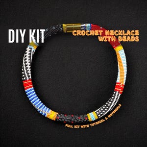 DIY Bead Crochet Necklace Kit, Summer bright Rope in Red, Blue, Yellow & Black, Complete Jewelry Making Set with Tutorial, Craft gift idea