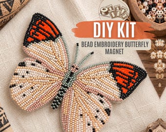 DIY Beige Orange Butterfly Bead Embroidery Magnet Kit, Hebomoia Glaucippe Insect Needlework Craft, Beginner Beading Kit