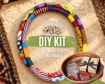 DIY Colorful Autumn Bead Crochet Lariat Necklace Kit, Boho Hippie Ethnic Jewelry Making Set, Long Beaded Rope Craft