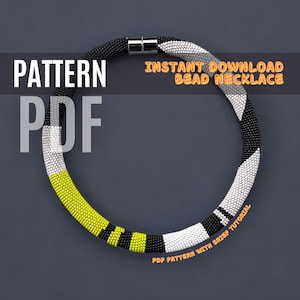 May include: A black, white, and yellow beaded necklace with a silver clasp. The necklace is on a gray background. The text "INSTANT DOWNLOAD BEAD NECKLACE" is above the necklace. The text "PATTERN PDF" is in the top left corner of the image. The text "PDF PATTERN WITH BRIEF TUTORIAL" is below the necklace.