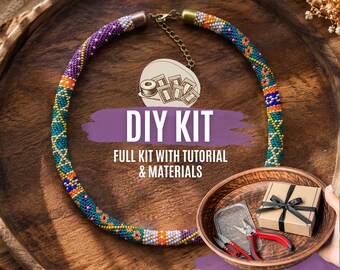 DIY Boho Tribal Green Purple Autumn Bead Crochet Necklace Kit, Beaded Rope Jewelry Making Set, Full Kit with Materials