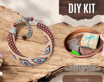 Kit de pulsera de crochet con cuentas para hacer tú mismo/Conjunto de joyería bohemia hippie con patrón y herramientas/Regalo hecho a mano para amantes de las manualidades creativas