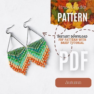 May include: A pair of handmade beaded earrings with a triangular design. The earrings feature a gradient of colors, including green, teal, orange, and beige. The image also includes text that says "PATTERN", "INSTANT DOWNLOAD PDF PATTERN WITH BRIEF TUTORIAL", and "Autumn".