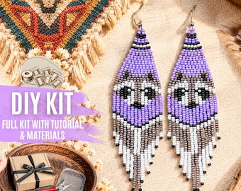 DIY Purple Raccoon Beaded Earrings Kit, Bold Statement Fringe Jewelry Making Set, Handmade Seed Bead Craft, Gift