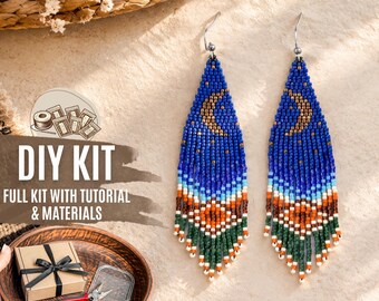 DIY Miyuki Delica Beaded Earrings Kit, Blue Tribal Night Moon Fringe Earrings, Boho Jewelry Making craft kit