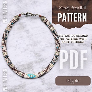 May include: A beaded necklace pattern in PDF format, featuring a brown, white, and turquoise design. The pattern is for a beaded necklace with a hippie theme. The image includes the text "CrazyBeadKit PATTERN INSTANT DOWNLOAD PDF PATTERN WITH BRIEF TUTORIAL PDF Hippie".