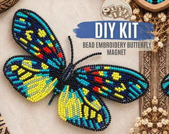DIY Turquoise Yellow Butterfly Bead Embroidery Magnet Kit, Colorful Wing Butterfly Needlework Craft, Handmade Nature Gift