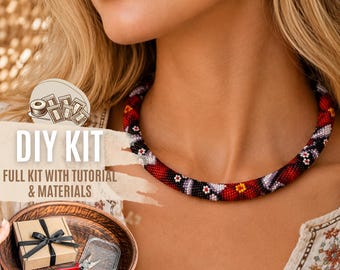 DIY Black Red Flower Bead Crochet Necklace Kit, Boho Ethnic Beaded Rope Jewelry Making Set, Tribal Seed Bead Craft
