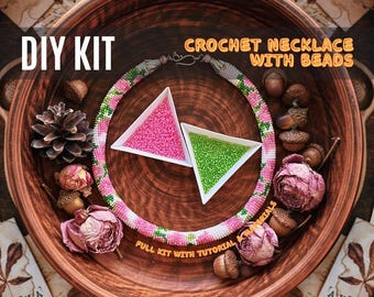 DIY White floral Beaded Crochet Necklace Kit – Pink Roses Jewelry rope craft