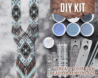 DIY-pakket: op de inheemse bevolking geïnspireerde bruinblauwe kralenketting, complete doos knutselkralenset, eenvoudig handgemaakte sieraden maken, creatief project voor beginners