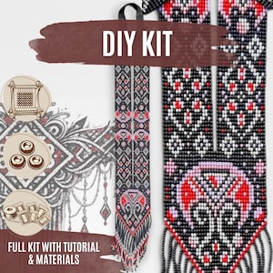 May include: A DIY kit for a beaded necklace featuring a long, narrow strap with a geometric pattern in black, red, and pink beads, ending in a fringe. The kit includes a loom, beads, and thread, with the text DIY KIT and FULL KIT WITH TUTORIAL & MATERIALS.