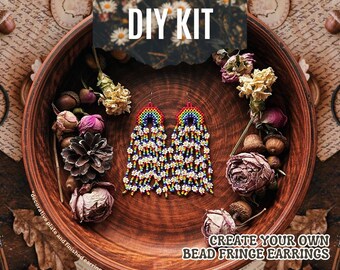 DIY Rainbow Daisy Beaded Earrings Kit, Boho Fringe craft