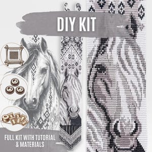 May include: A DIY kit featuring a beaded loom pattern of a horse head in shades of black, white, and gray. The kit includes a loom, beads, and thread, with the text DIY KIT and FULL KIT WITH TUTORIAL & MATERIALS printed on the image.
