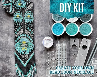 DIY Ethnic Blue Floral Loom Necklace Full Kit, Craft Kit for Adults, Beading Kit Blue Flowers, Creative Gift Idea, Handmade Jewelry kit