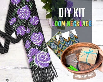 DIY KIT lila Rosen Halskette mit Perlen, Perlengerdan, Rosen Perlenwebmuster, Perlenweben traditionelle ukrainische Halskette, Perlenset