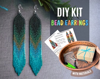 DIY Kit Native blue ombre Earrings, Craft Gifts, Mother&#39;s Day Gift DIY Jewellery Kit, Bead Fringe Earrings Kit with Supplies, making craft