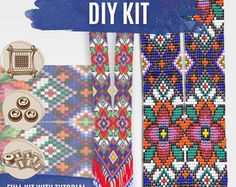DIY Tribal Blue Red Flower Bead Loom Necklace Kit, Ethnic Seed Bead Jewelry Making Set, Boho Beadwork Craft kit