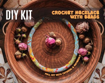 DIY Crochet Necklace Kit, Floral Beaded Rope Design, Summer Handmade Jewelry Kit, Beading Crochet Set, Craft Kit for Beginners
