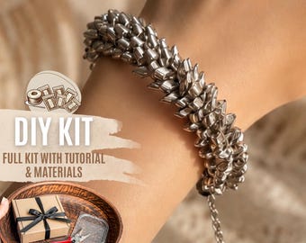 DIY Miyuki Silver Black Dragon Bracelet Kit, Seed Bead Jewelry Making Set, Bead Weaving Pattern, Craft Gift