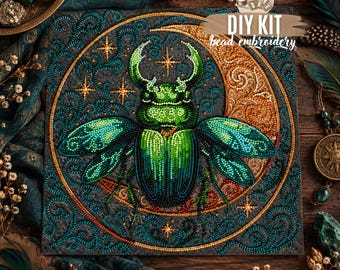 DIY Green Beetle Bead Embroidery Kit, Night Moon Insect Needlework Craft, Nature Inspired Beading Project, Gift Idea, 25x25cm