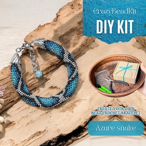 Könnte beinhalten: DIY Perlen-Häkelarmband-Set mit einem blauen und silbernen Schlangendesign. Das Set enthält Perlen, Garn und Anleitungen. Erstelle dein eigenes Azure Snake Armband.