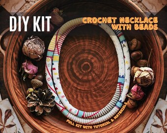 Bead Crochet Necklace DIY Kit | Handmade Jewelry Craft | White with Colorful Patterns | Full Kit with Tutorial & Beads | DIY Gift Idea