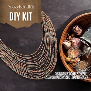 May include: A DIY kit for creating a multi-strand necklace. The kit includes a variety of colourful beads and a wooden bowl with beads and other crafting supplies. The text "CrazyBeadKit DIY KIT" is visible in the top left corner of the image. The text "CREATE YOUR OWN MULTI-STRAND NECKLACE" is visible in the bottom right corner of the image.