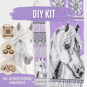 May include: A DIY kit featuring a beaded tapestry with a horse motif in shades of purple, white, and black. The kit includes a loom, beads, and thread, with text reading DIY KIT and FULL KIT WITH TUTORIAL & MATERIALS on a purple background.